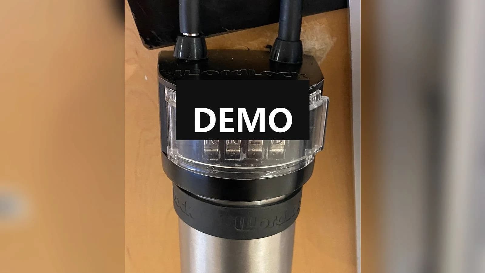 Self-pickup lockbox with DEMO covering the combination