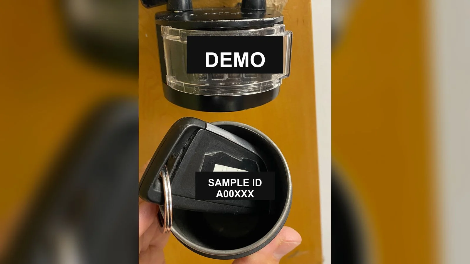 Open key compartment showing SAMPLE ID A00XXX